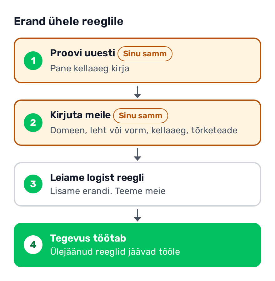 Voog neljas sammus: Sina proovid tegevust uuesti ja paned kellaaja kirja, kirjutad meile domeeni, lehe, kellaaja ja tõrketeatega, meie leiame logist reegli ja lisame erandi, Sina proovid uuesti ja tegevus töötab