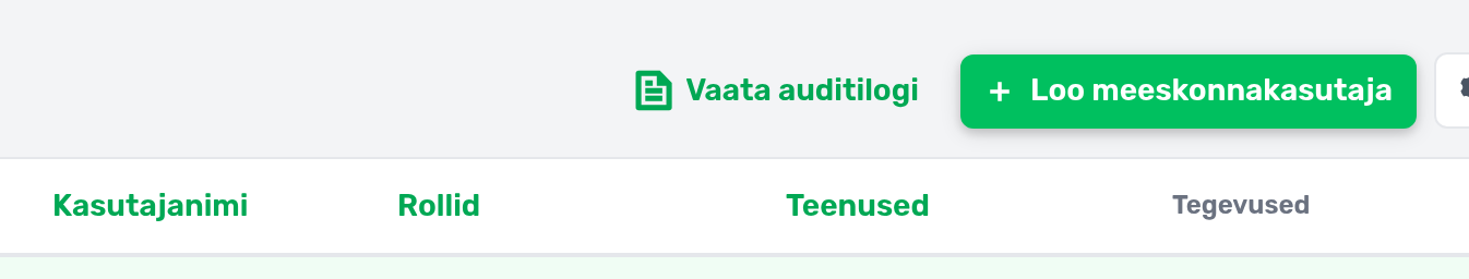 cPaneli leht Halda meeskonda: nupp Loo meeskonnakasutaja ja kasutajate tabel