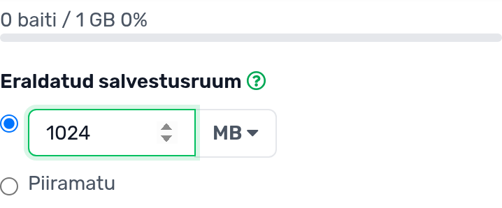 Halda e-posti kontot, plokk Salvestusruum: kasutus 0 baiti / 1 GB, väli Eraldatud salvestusruum 1024 MB ja valik Piiramatu