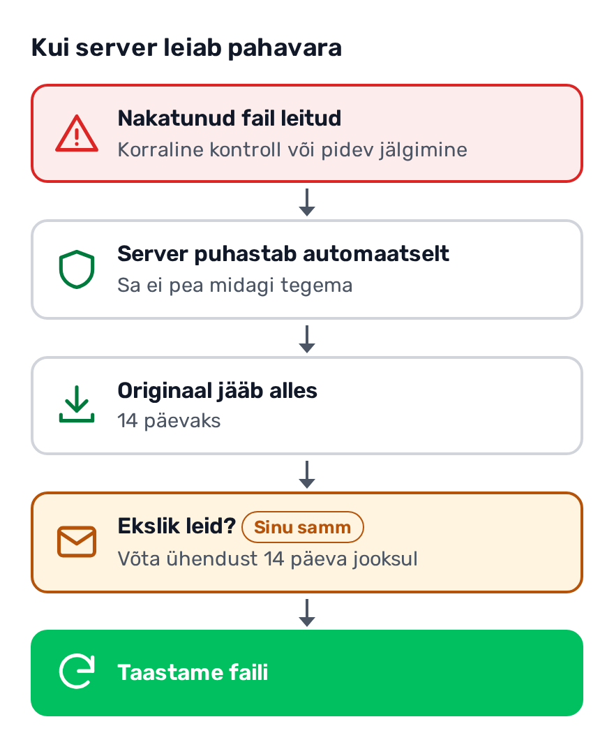 Voo skeem: server leiab pahavara, puhastab faili automaatselt, originaalfail jääb 14 päevaks alles; eksliku leiu korral võta 14 päeva jooksul ühendust ja fail taastatakse