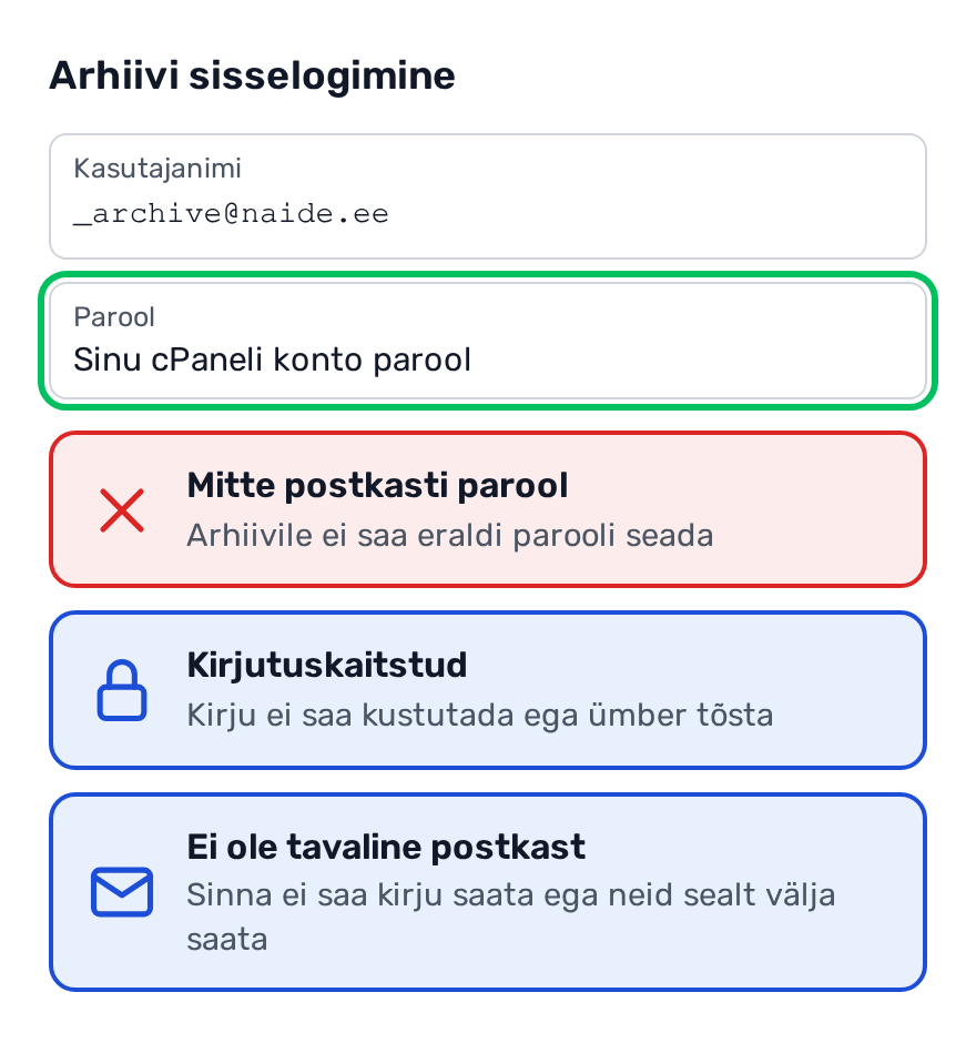Arhiivi sisselogimise andmed: kasutajanimi _archive@naide.ee, parool on cPaneli konto parool, ühendus on kirjutuskaitstud