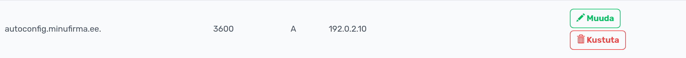 DNS-kirje rida nuppudega Muuda ja Kustuta