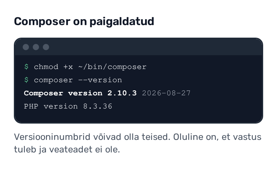 Terminal: käsk composer --version vastab Composeri versiooni ja PHP versiooniga