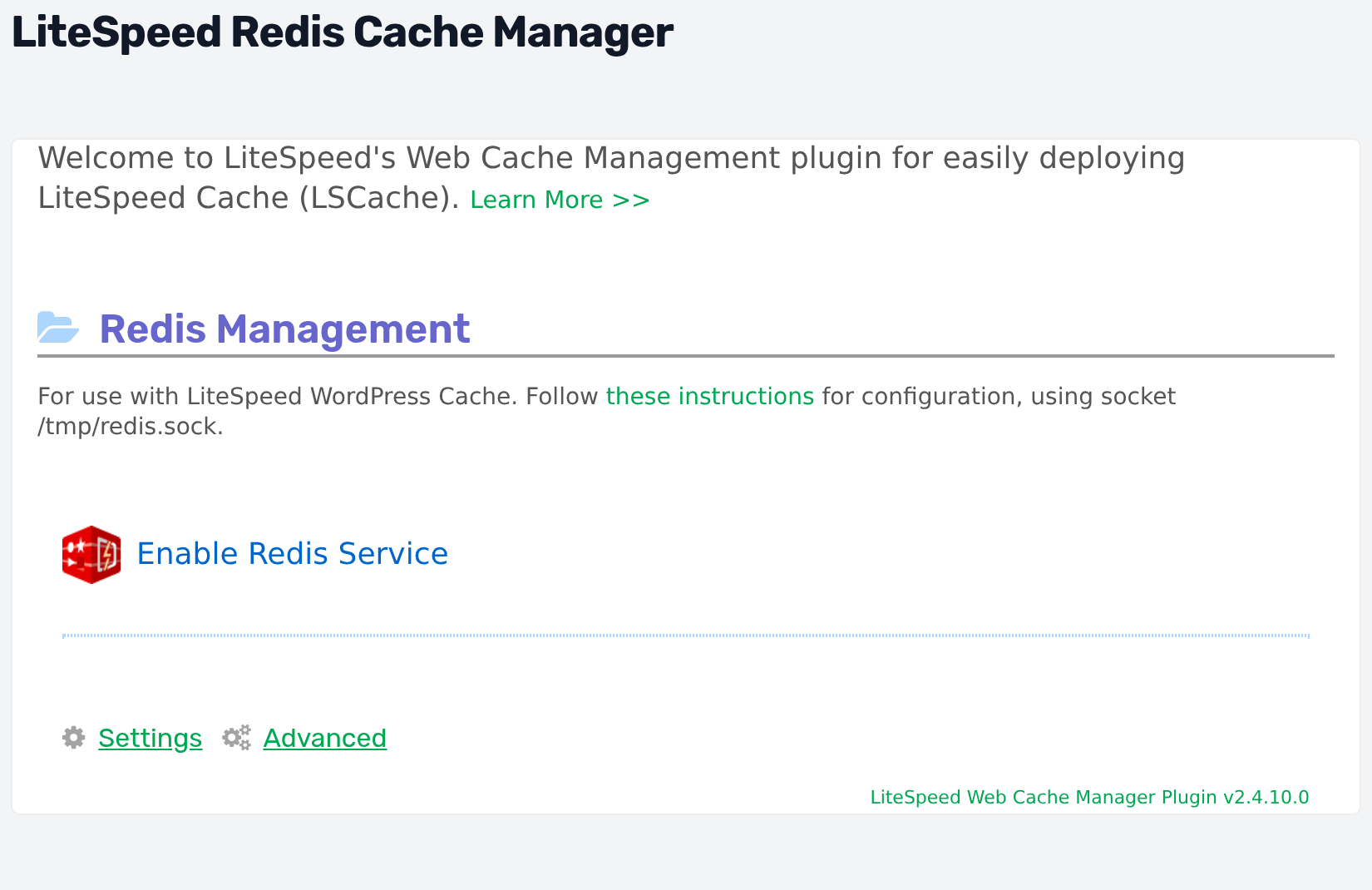 cPaneli moodul LiteSpeed Redis vahemäluhaldur: plokk Redis Management ja nupp Enable Redis Service