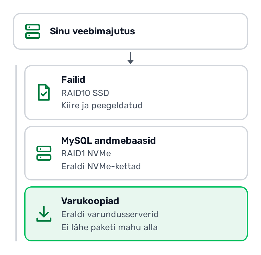Skeem: Sinu veebimajutuse failid asuvad RAID10 SSD ketastel, MySQL andmebaasid eraldi RAID1 NVMe ketastel ja automaatsed varukoopiad eraldi varundusserverites, mis ei lähe paketi mahu alla
