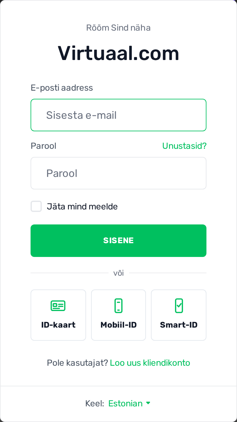 Iseteeninduse sisselogimisleht: väljad E-posti aadress ja Parool, nupp SISENE ning ID-kaart, Mobiil-ID ja Smart-ID