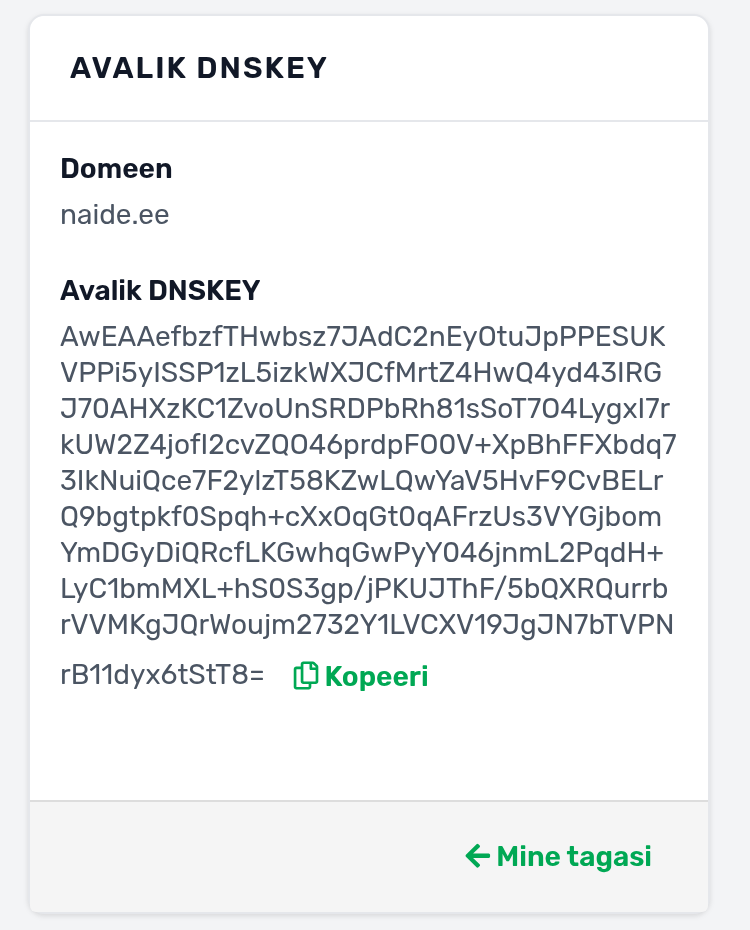 cPaneli leht Avalik DNSKEY, kus on domeeni avalik võti ja nupp Kopeeri