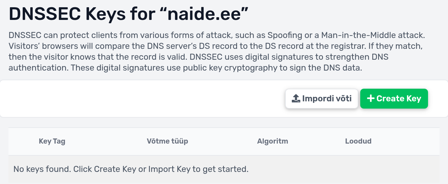 cPaneli DNSSEC-leht nupuga Create Key