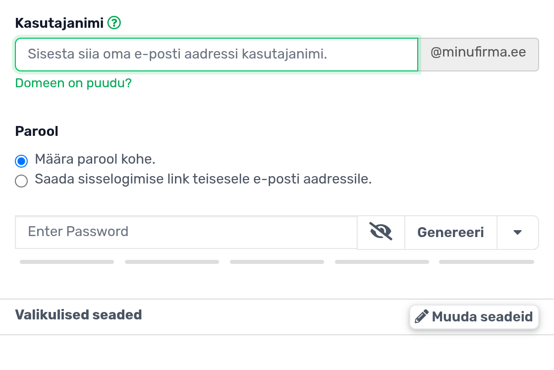 Loo e-posti konto vorm: kasutajanimi, domeen ja parool