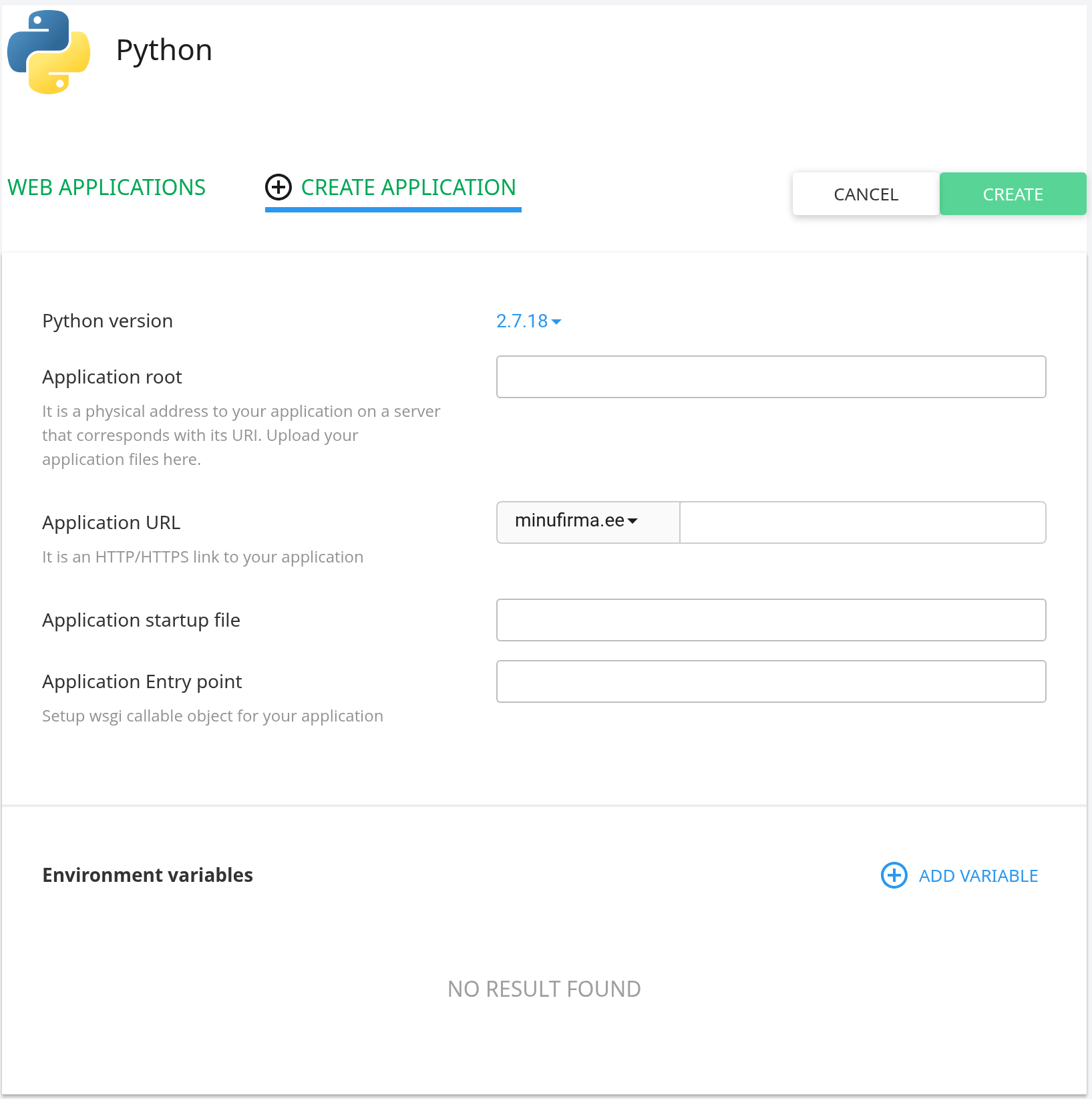 Pythoni rakenduse seadistus, vaade CREATE APPLICATION: väljad Python version, Application root, Application URL, Application startup file ja Application Entry point