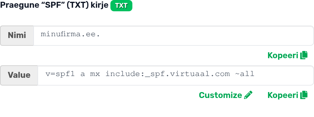 cPaneli Autentimine-vaade: SPF-kirje plokk ja nupp Customize