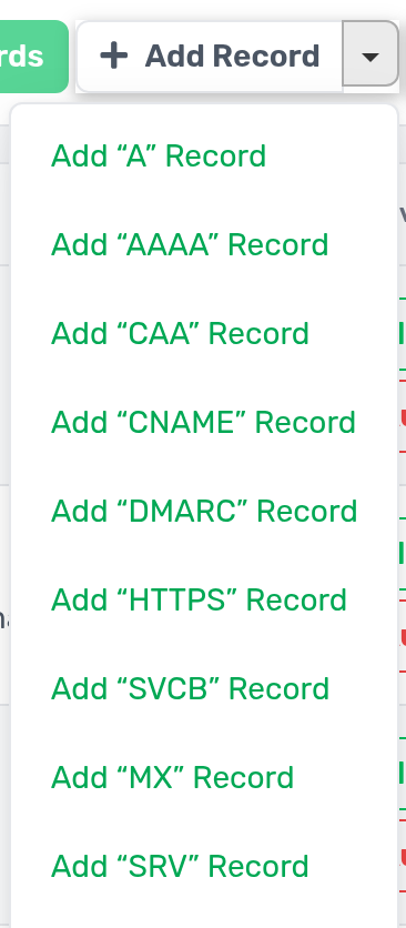 Nupu Add Record kõrval avatud rippmenüü DNS-tsooni redaktoris, kus kirjetüüpide seas on valik Add “DMARC” Record