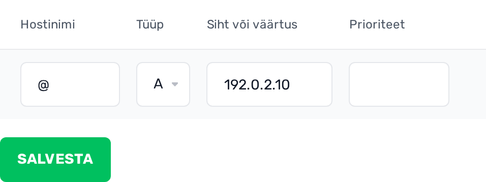 DNS-kirjete vorm: hostinimi @, tüüp A, väärtus 192.0.2.10 ja nupp Salvesta