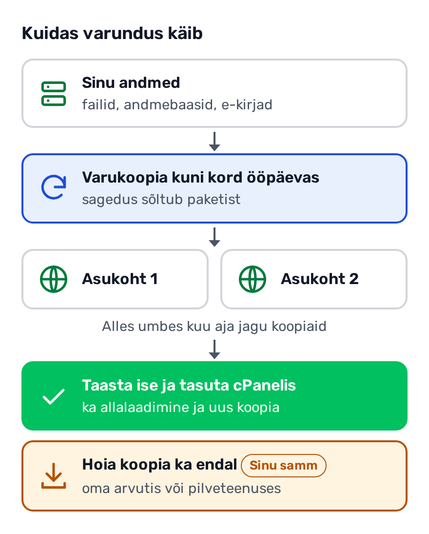 Skeem: Sinu andmed (failid, andmebaasid, e-kirjad) varundatakse kuni kord ööpäevas, sagedus sõltub paketist. Varukoopiaid hoitakse umbes kuu aja jagu kahes eri asukohas. cPanelis saad need ise tasuta taastada ja alla laadida