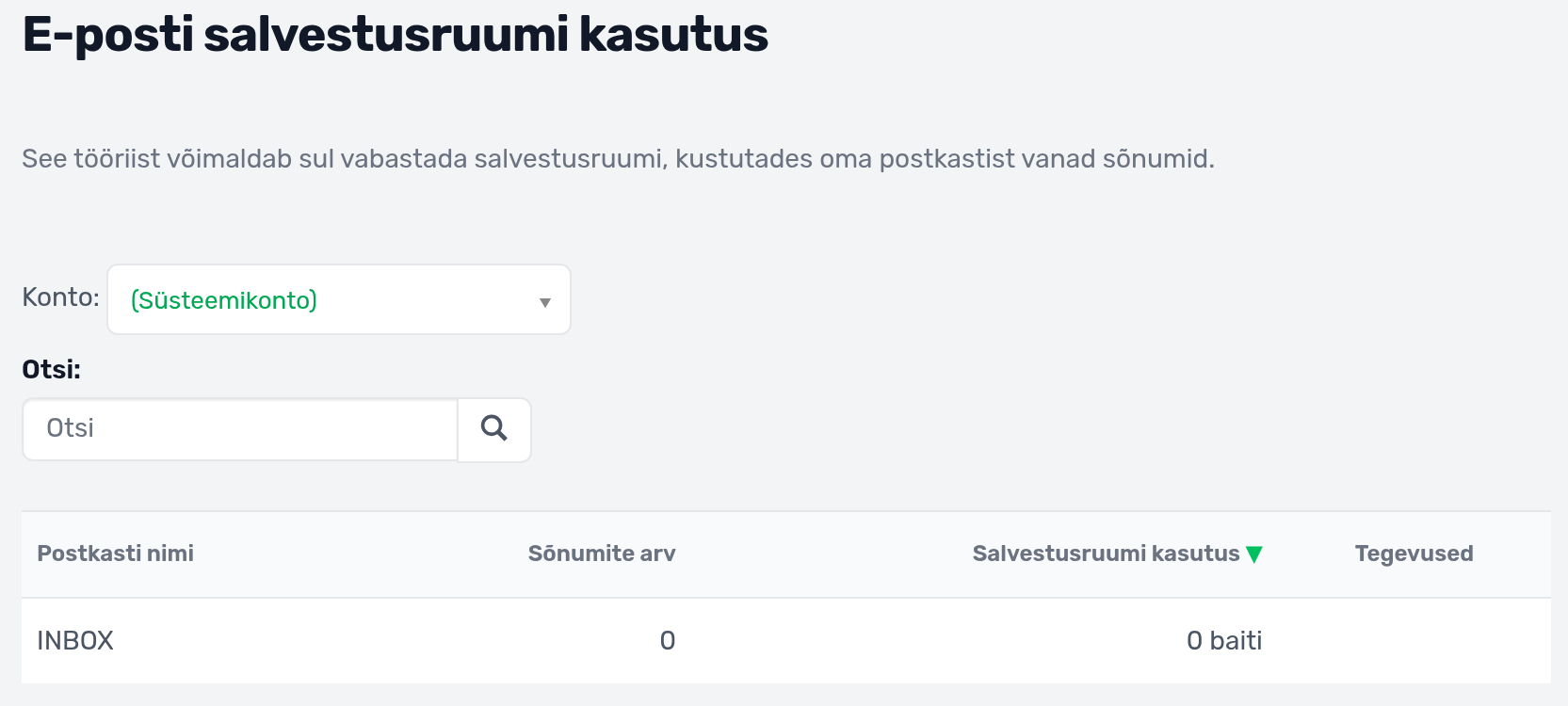 cPaneli moodul E-posti salvestusruumi kasutus: valik Konto, otsing ja postkasti kaustade tabel