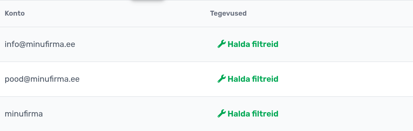cPaneli leht Filtrid (kontopõhised): iga postkasti real nupp Halda filtreid