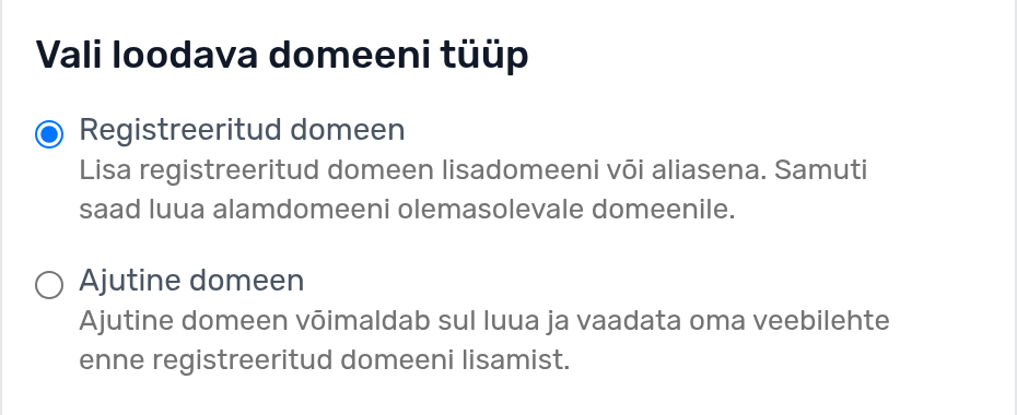 cPaneli uue domeeni vorm: valikud „Registreeritud domeen” ja „Ajutine domeen”